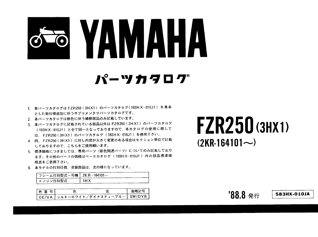 1986-1988雅马哈FZR250零件目录分解图Yamaha FZR 250 (2KR, 1986-1988)插图