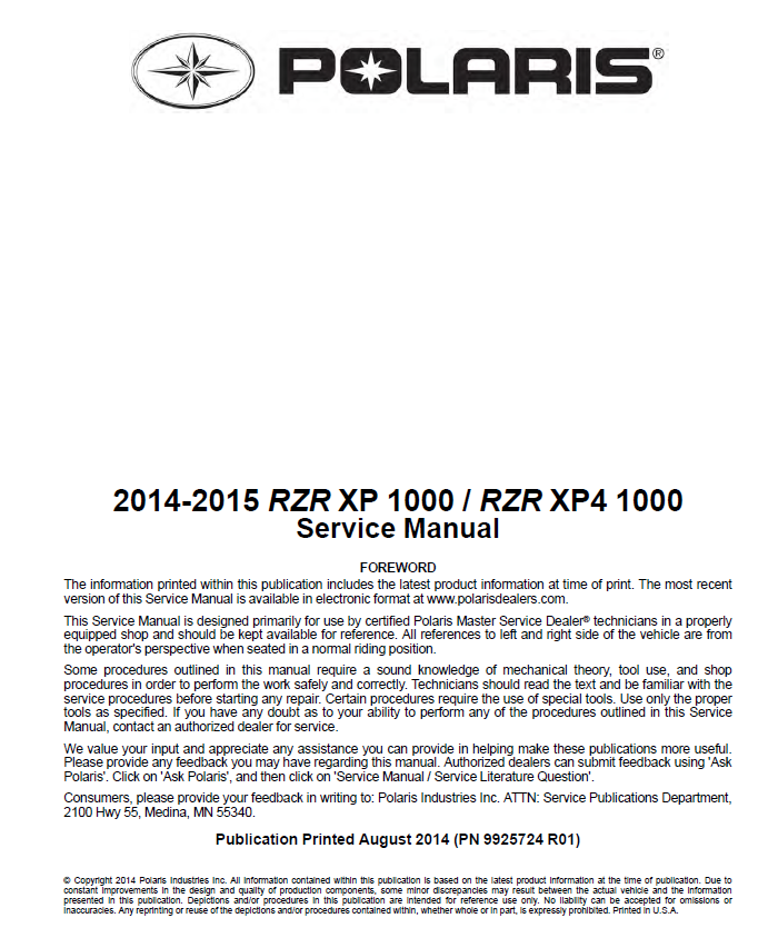2014-2015北极星剃刀1000维修手册RZR1000 XP, XP4,1000