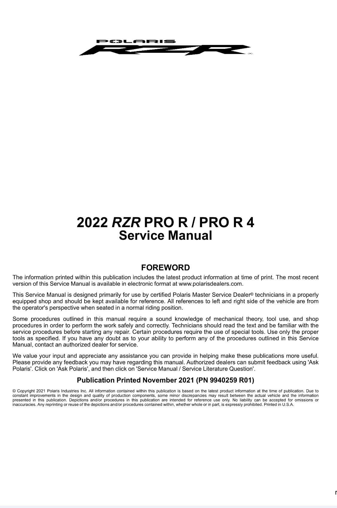 2022 北极星剃刀Polaris RZR Pro R /Pro R 4 服务手册插图1